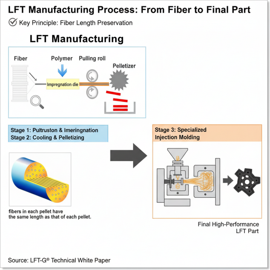 A clean flowchart illustrating the three key stages of LFT manufacturing: pultrusion, pelletizing, and injection molding A clean flowchart illustrating the three key stages of LFT manufacturing: pultrusion, pelletizing, and injection molding